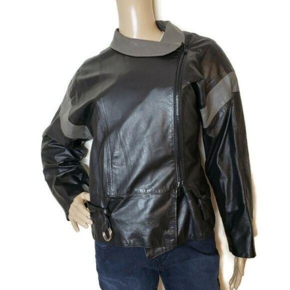 Avanti vintage Womens Leather Jacket Size 8 Black & Gray Asymmetrical Zip moto - Picture 3 of 11
